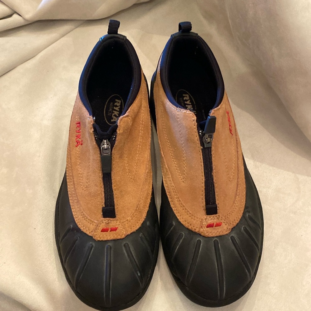 Ryka Waterproof Duck Shoes Suede Zip Front Oxford Brown Black Boots Size 8.5